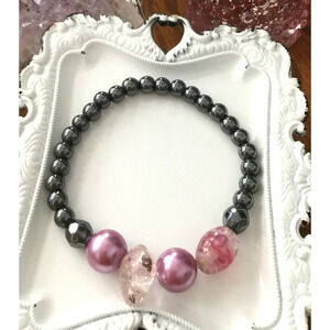 New Natural Hematite Bead Bracelet w/ Pink Crystal, Pearls & Lampwork Beads